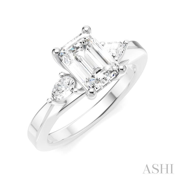 1/4 Ctw Tri-Mount Emerald Shape Center Pear and Round Cut Diamond Semi-Mount Engagement Ring in 14K White Gold