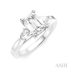 1/4 Ctw Tri-Mount Emerald Shape Center Pear and Round Cut Diamond Semi-Mount Engagement Ring in 14K White Gold