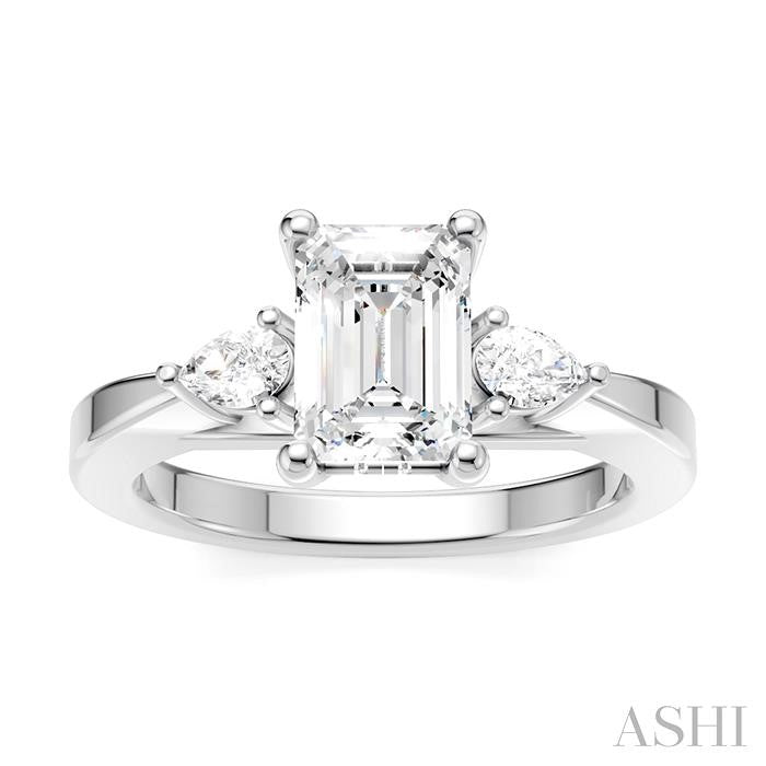 1/4 Ctw Tri-Mount Emerald Shape Center Pear and Round Cut Diamond Semi-Mount Engagement Ring in 14K White Gold