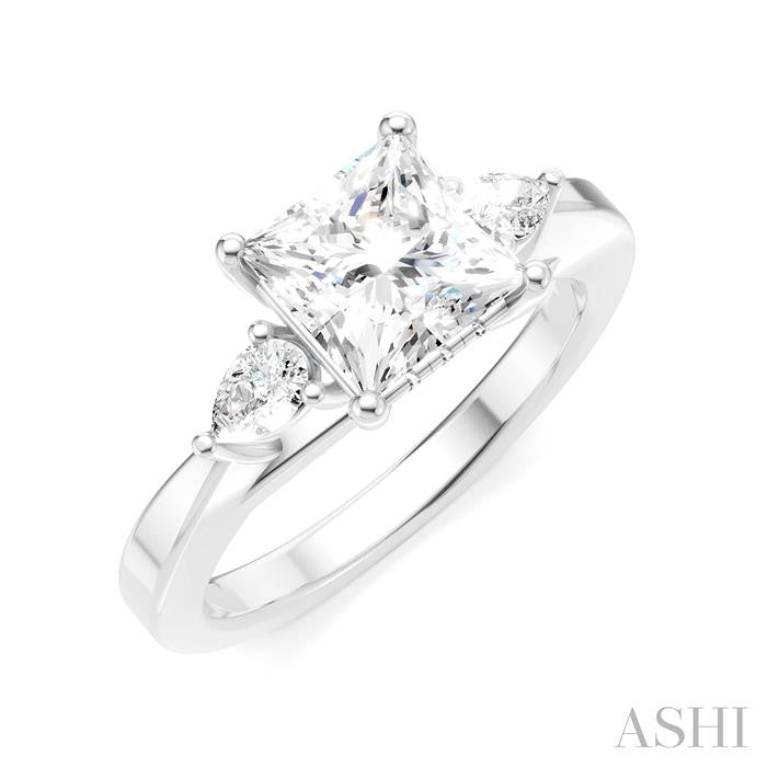 1/4 Ctw Tri-Mount Princess Shape Center Pear and Round Cut Diamond Semi-Mount Engagement Ring in 14K White Gold