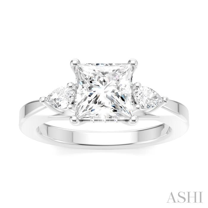 1/4 Ctw Tri-Mount Princess Shape Center Pear and Round Cut Diamond Semi-Mount Engagement Ring in 14K White Gold