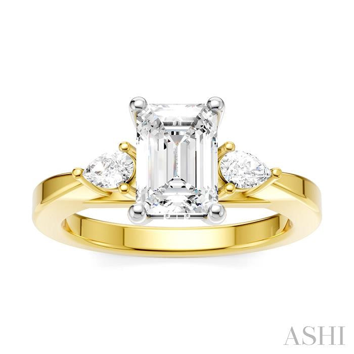 1/4 Ctw Tri-Mount Emerald Shape Center Pear and Round Cut Diamond Semi-Mount Engagement Ring in 14K Yellow and White Gold