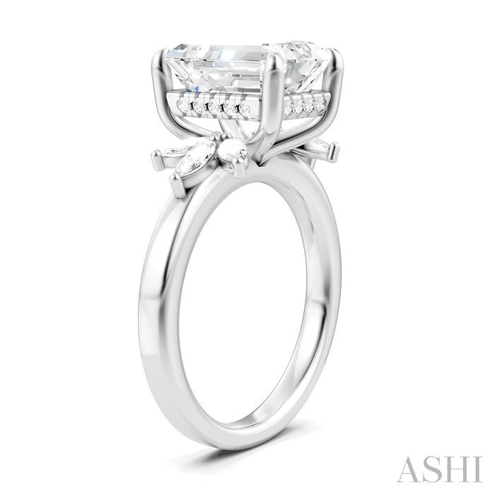 5/8 Ctw Emerald Shape Marquise and Round Cut Diamond Semi-Mount Engagement Ring in 14K White Gold