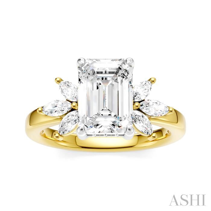 1/2 Ctw Emerald Shape Marquise and Round Cut Diamond Semi-Mount Engagement Ring in 14K Yellow and White Gold