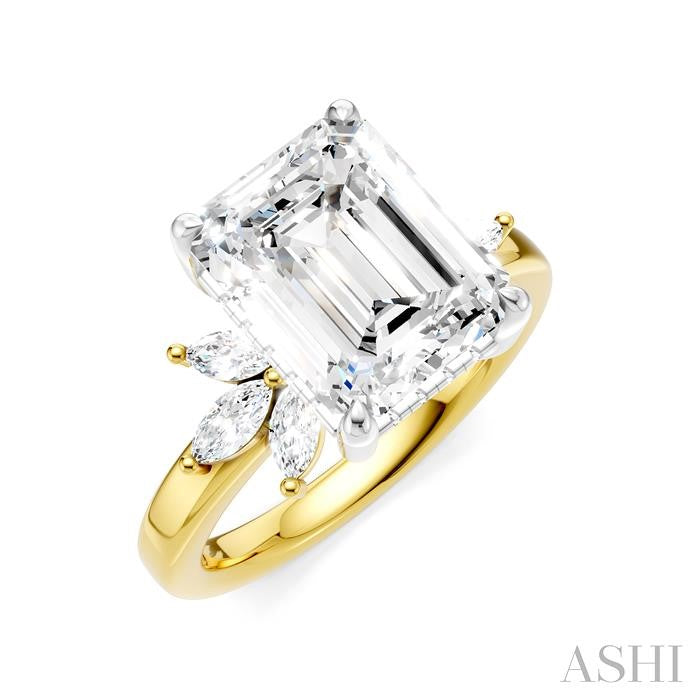 5/8 Ctw Emerald Shape Marquise and Round Cut Diamond Semi-Mount Engagement Ring in 14K Yellow and White Gold