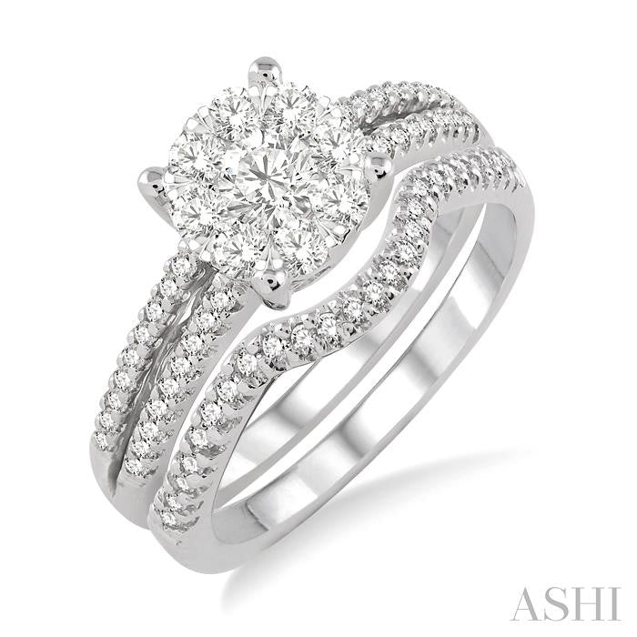 3/4 Ctw Diamond Wedding Set with 3/4 Ctw Round Cut Engagement Ring and 1/10 Ctw Wedding Band in 14K White Gold