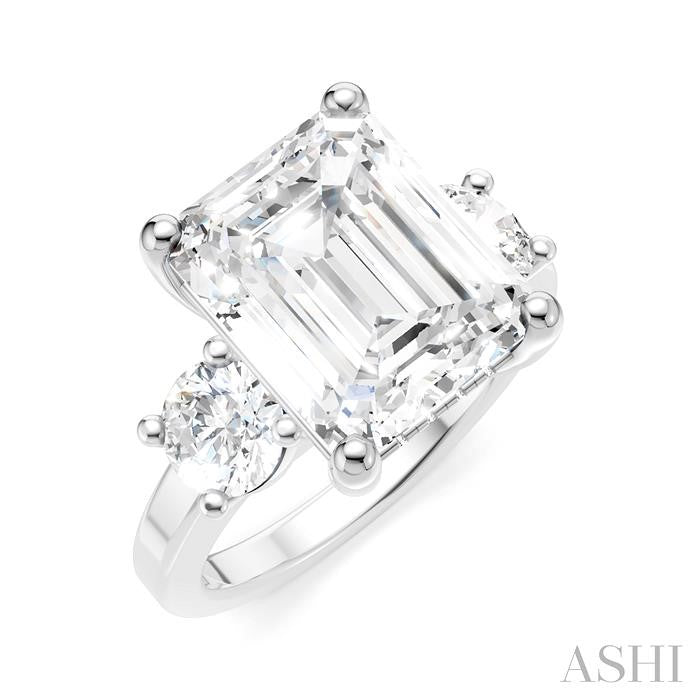 1 1/10 Ctw Tri-Mount Emerald Shape Center Round Cut Diamond Semi-Mount Engagement Ring in 14K White Gold