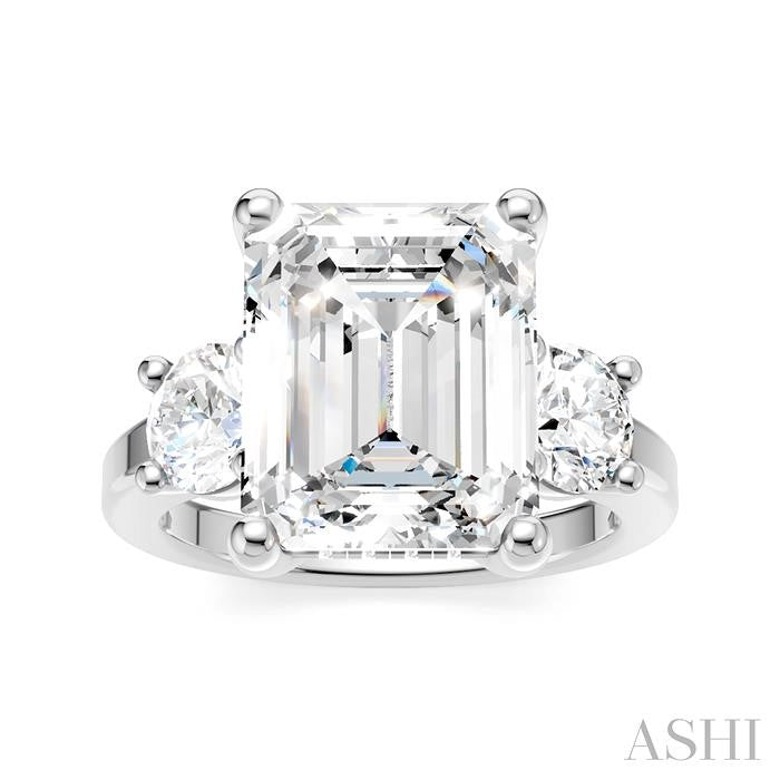 1 1/10 Ctw Tri-Mount Emerald Shape Center Round Cut Diamond Semi-Mount Engagement Ring in 14K White Gold