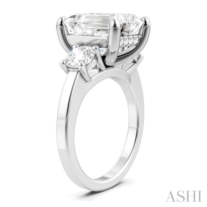 1 1/10 Ctw Tri-Mount Emerald Shape Center Round Cut Diamond Semi-Mount Engagement Ring in 14K White Gold