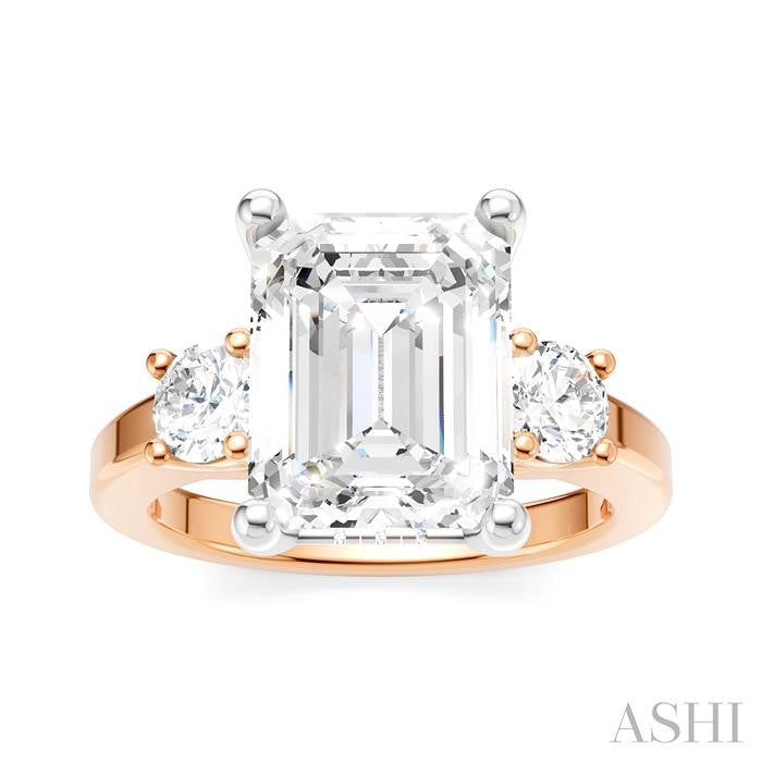 1/2 Ctw Tri-Mount Emerald Shape Center Round Cut Diamond Semi-Mount Engagement Ring in 14K Rose and White Gold