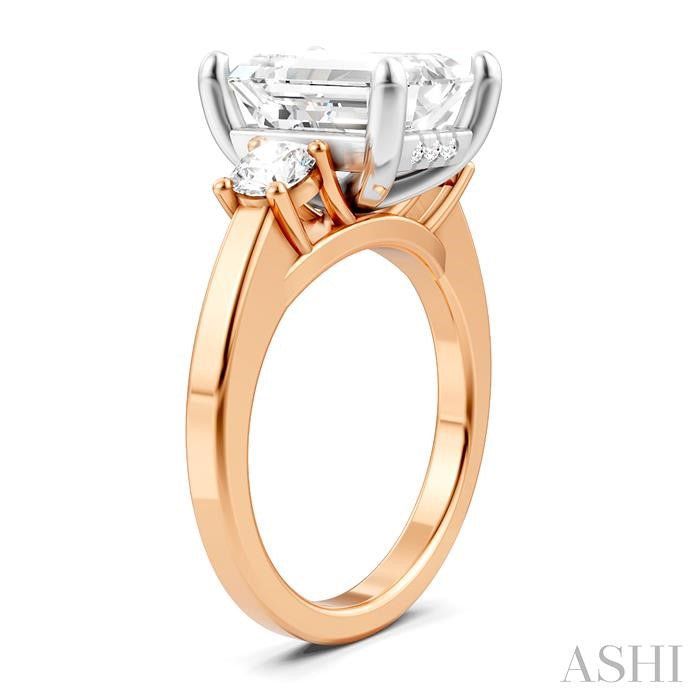 1/2 Ctw Tri-Mount Emerald Shape Center Round Cut Diamond Semi-Mount Engagement Ring in 14K Rose and White Gold