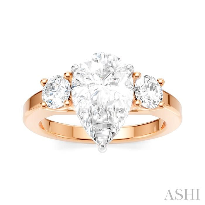 1/2 Ctw Tri-Mount Pear Shape Round Cut Diamond Semi-Mount Engagement Ring in 14K Rose and White Gold