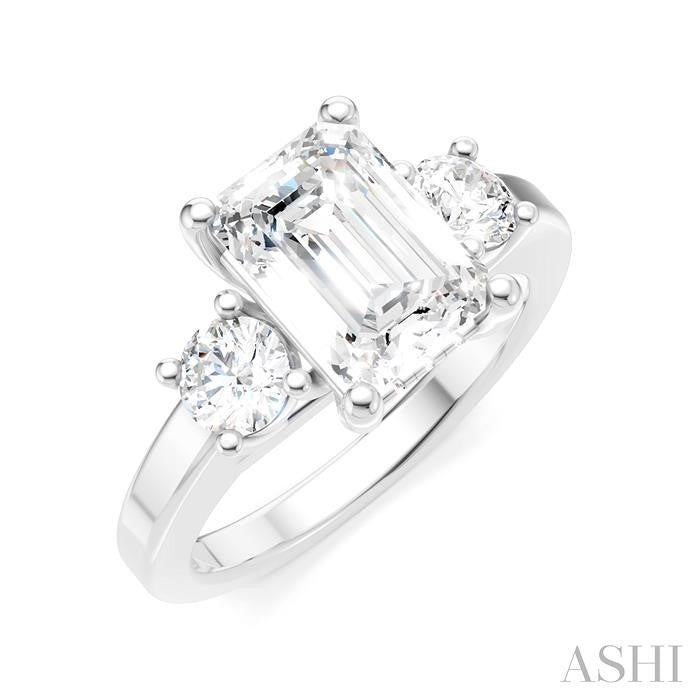 1/2 Ctw Tri-Mount Emerald Shape Center Round Cut Diamond Semi-Mount Engagement Ring in 14K White Gold