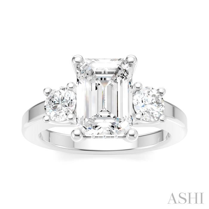 1/2 Ctw Tri-Mount Emerald Shape Center Round Cut Diamond Semi-Mount Engagement Ring in 14K White Gold