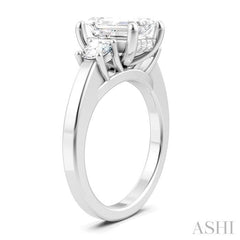 1/2 Ctw Tri-Mount Emerald Shape Center Round Cut Diamond Semi-Mount Engagement Ring in 14K White Gold
