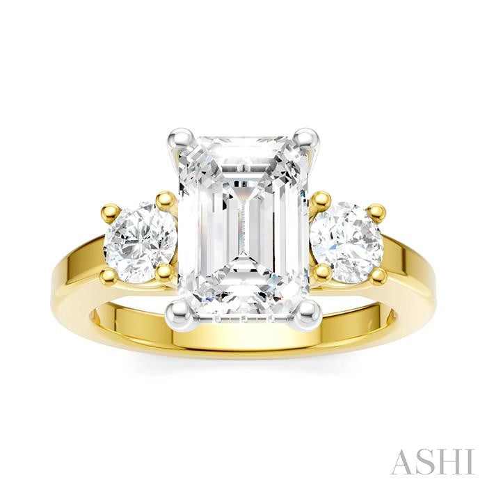 1/2 Ctw Tri-Mount Emerald Shape Center Round Cut Diamond Semi-Mount Engagement Ring in 14K Yellow and White Gold