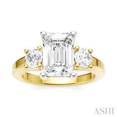 1/2 Ctw Tri-Mount Emerald Shape Center Round Cut Diamond Semi-Mount Engagement Ring in 14K Yellow and White Gold