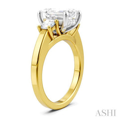1/2 Ctw Tri-Mount Emerald Shape Center Round Cut Diamond Semi-Mount Engagement Ring in 14K Yellow and White Gold