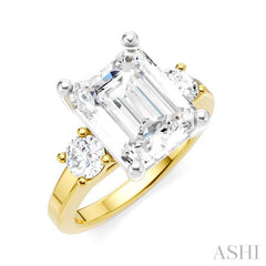 1/2 Ctw Tri-Mount Emerald Shape Center Round Cut Diamond Semi-Mount Engagement Ring in 14K Yellow and White Gold