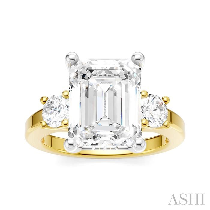 1/2 Ctw Tri-Mount Emerald Shape Center Round Cut Diamond Semi-Mount Engagement Ring in 14K Yellow and White Gold