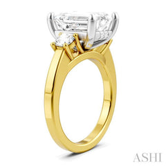 1/2 Ctw Tri-Mount Emerald Shape Center Round Cut Diamond Semi-Mount Engagement Ring in 14K Yellow and White Gold