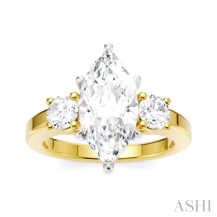 1/2 Ctw Tri-Mount Marquise Shape Center Round Cut Diamond Semi-Mount Engagement Ring in 14K Yellow and White Gold