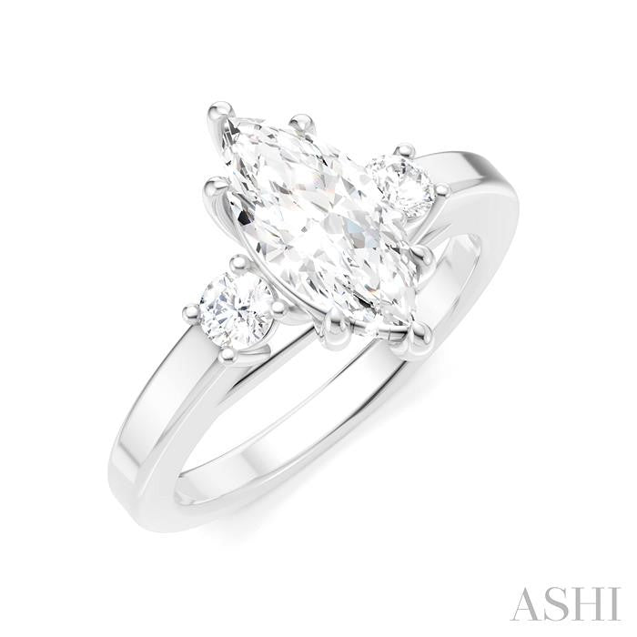 1/4 Ctw Tri-Mount Marquise Shape Center Round Cut Diamond Semi-Mount Engagement Ring in 14K White Gold