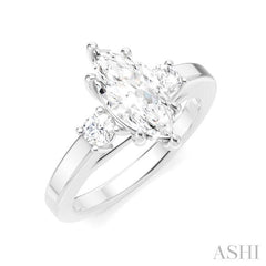 1/4 Ctw Tri-Mount Marquise Shape Center Round Cut Diamond Semi-Mount Engagement Ring in 14K White Gold