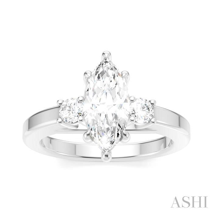 1/4 Ctw Tri-Mount Marquise Shape Center Round Cut Diamond Semi-Mount Engagement Ring in 14K White Gold