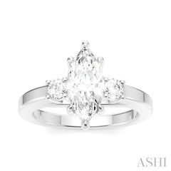 1/4 Ctw Tri-Mount Marquise Shape Center Round Cut Diamond Semi-Mount Engagement Ring in 14K White Gold