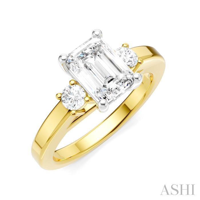 1/4 Ctw Tri-Mount Emerald Shape Center Round Cut Diamond Semi-Mount Engagement Ring in 14K Yellow and White Gold