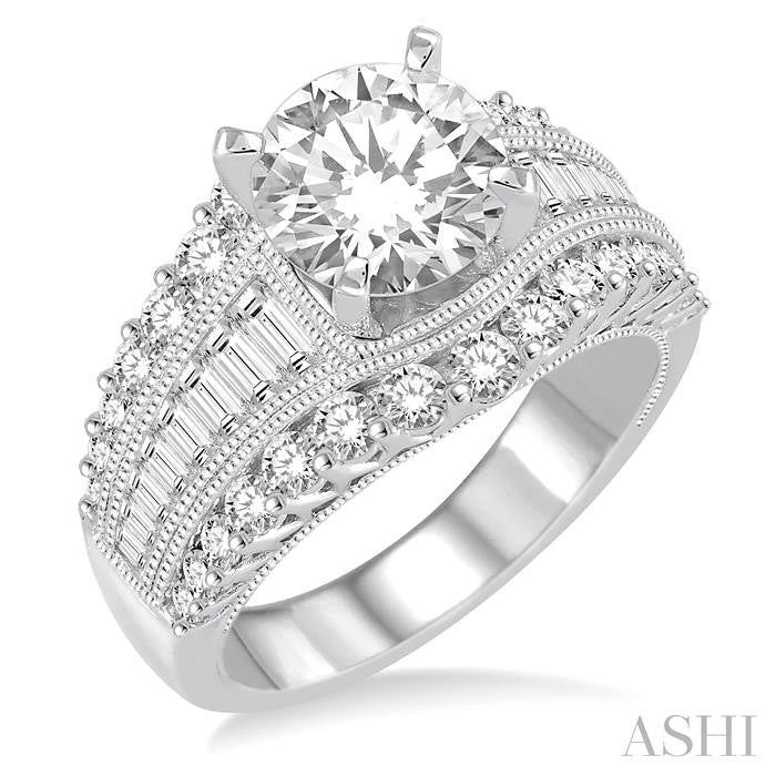1 1/2 Ctw Baguette and Round Cut Diamond Round Shape Semi-Mount Engagement Ring in 14K White Gold