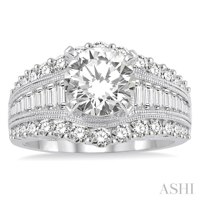 1 1/2 Ctw Baguette and Round Cut Diamond Round Shape Semi-Mount Engagement Ring in 14K White Gold
