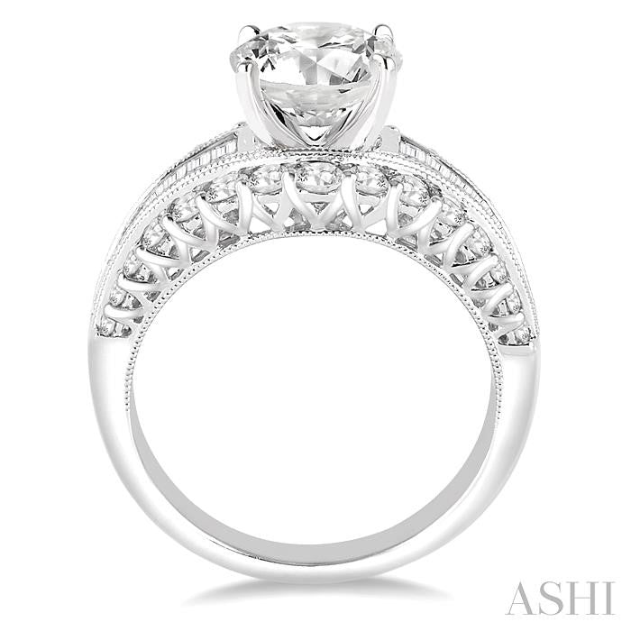 1 1/2 Ctw Baguette and Round Cut Diamond Round Shape Semi-Mount Engagement Ring in 14K White Gold