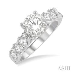 1/2 Ctw Zigzag Shank Baguette and Round Cut Diamond Semi-Mount Engagement Ring in 14K White Gold