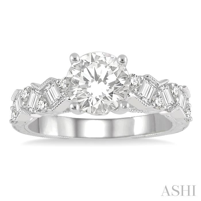 1/2 Ctw Zigzag Shank Baguette and Round Cut Diamond Semi-Mount Engagement Ring in 14K White Gold