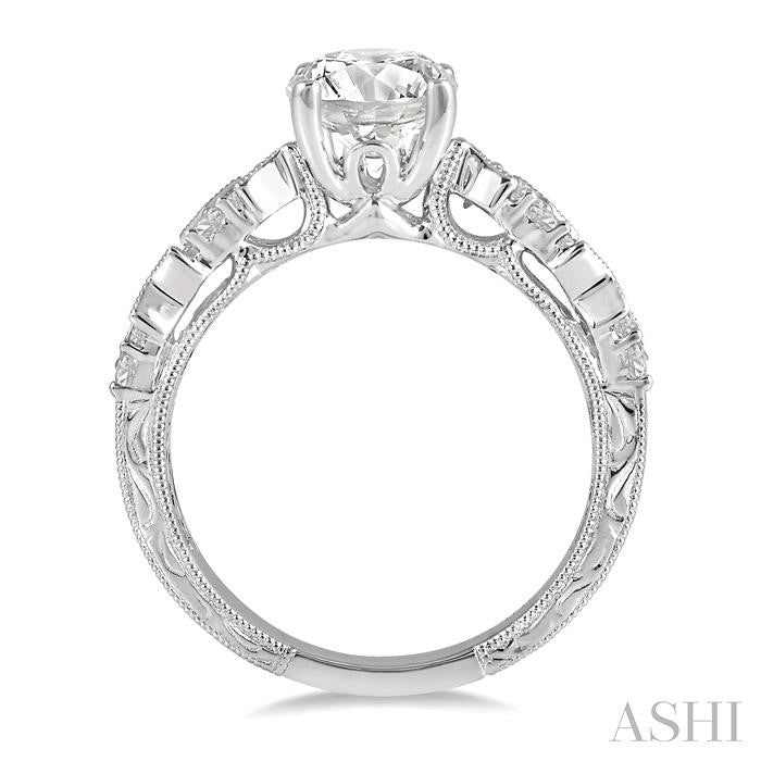 1/2 Ctw Zigzag Shank Baguette and Round Cut Diamond Semi-Mount Engagement Ring in 14K White Gold