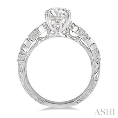 1/2 Ctw Zigzag Shank Baguette and Round Cut Diamond Semi-Mount Engagement Ring in 14K White Gold