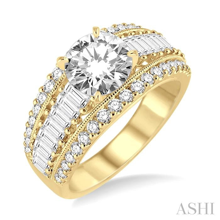 1 1/3 Ctw Baguette and Round Cut Diamond Semi-Mount Engagement Ring in 14K Yellow Gold
