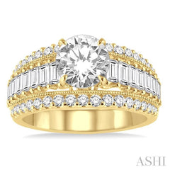 1 1/3 Ctw Baguette and Round Cut Diamond Semi-Mount Engagement Ring in 14K Yellow Gold