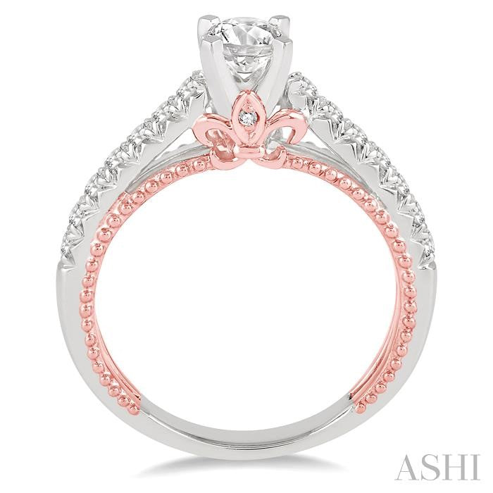 7/8 Ctw Diamond Engagement Ring with 1/2 Ct Round Cut Center Stone in 14K White and Rose Gold
