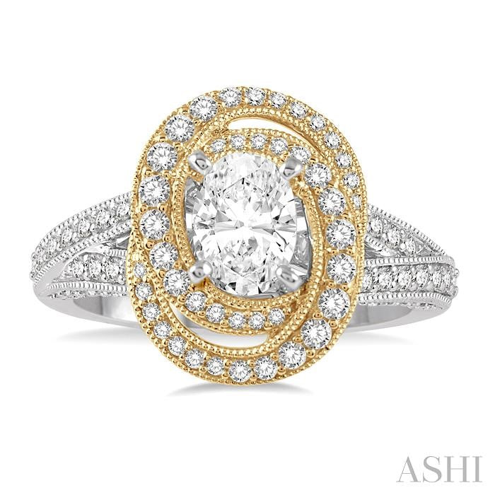 5/8 Ctw Diamond Semi-Mount Oval Halo Engagement Ring in 14K White and Yellow Gold