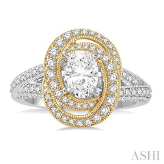 5/8 Ctw Diamond Semi-Mount Oval Halo Engagement Ring in 14K White and Yellow Gold