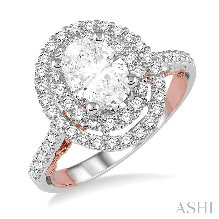 5/8 Ctw Diamond Semi-Mount Oval Double Halo Engagement Ring in 14K White and Rose Gold