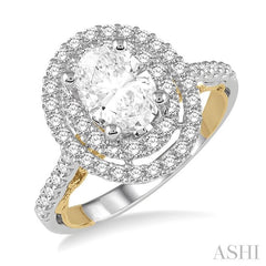 5/8 Ctw Diamond Semi-Mount Oval Double Halo Engagement Ring in 14K White and Yellow Gold