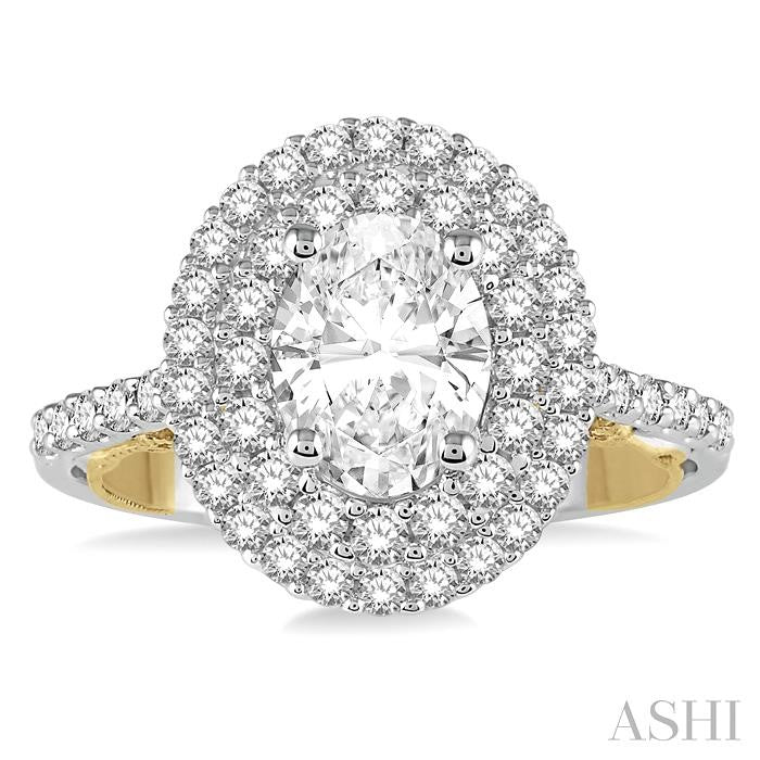 5/8 Ctw Diamond Semi-Mount Oval Double Halo Engagement Ring in 14K White and Yellow Gold