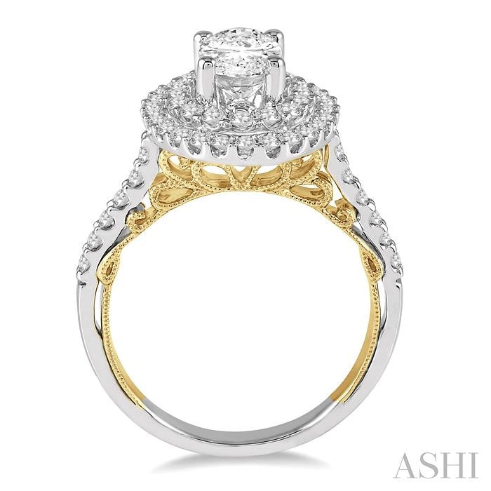 5/8 Ctw Diamond Semi-Mount Oval Double Halo Engagement Ring in 14K White and Yellow Gold