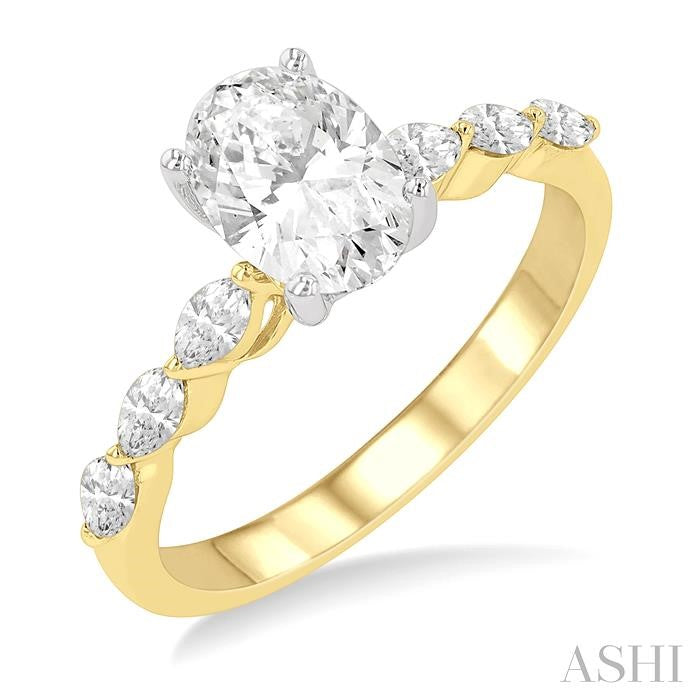 3/8 Ctw Oval Shape Marquise & Round Cut Diamond Semi-Mount Engagement Ring in 14K Yellow and White Gold