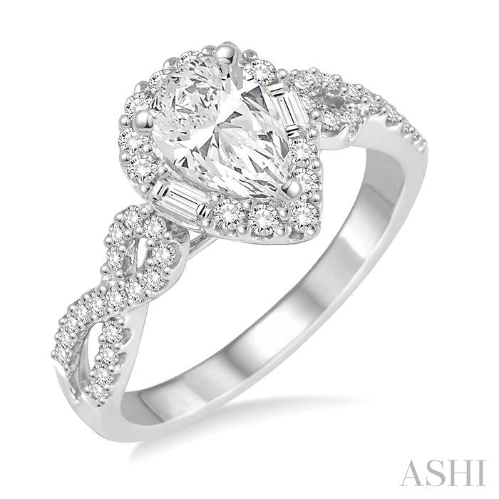 1/2 Ctw Twisted Shank Pear Shape Semi-Mount Round Cut & Baguette Diamond Engagement Ring in 14K White Gold