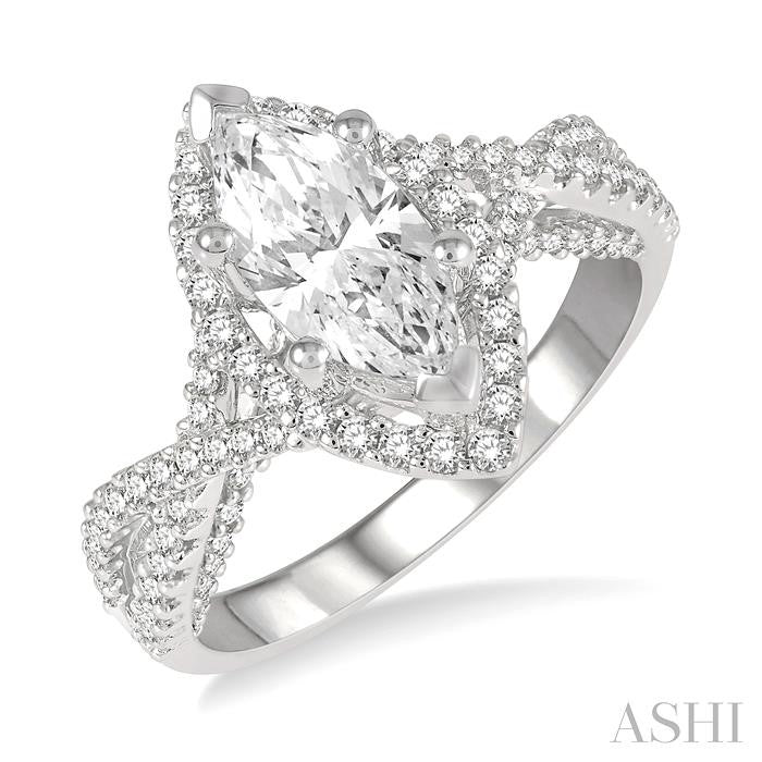 5/8 Ctw Marquise Shape Criss Cross Shank Round Cut Diamond Semi-Mount Engagement Ring in 14K White Gold